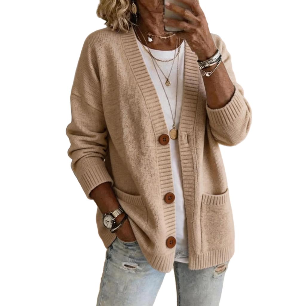 Cardigan in Maglia da Donna con Scollo a V Manica Lunga Vestibilità Larga Cappotto Maglione con Grandi Tasche