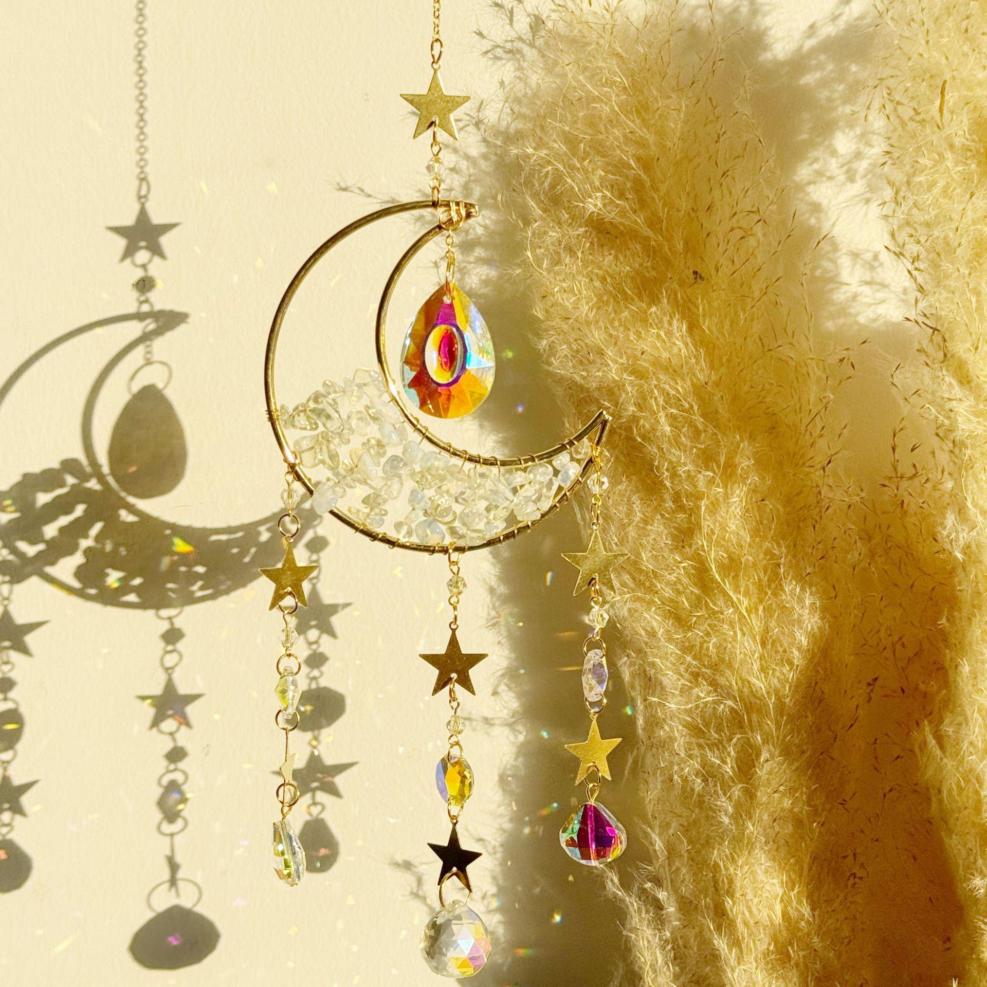 Premium Natural Wind Chimes Crystal Moon Sun Catcher Hanging Amethyst Suncatcher Best Price Guarantee Window Home Garden Decor (White,crystal)