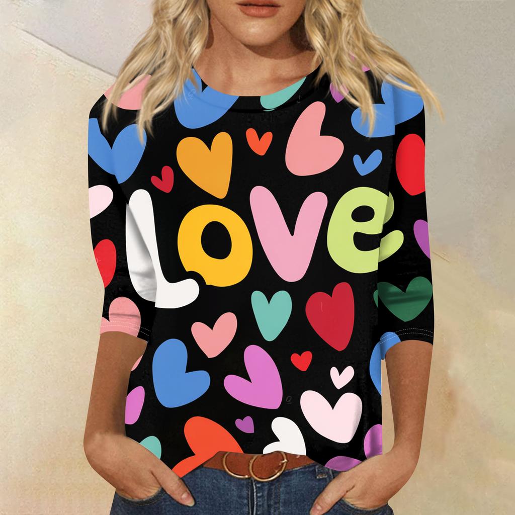 Women's Fashion Casual Round Neck Three-quarter Sleeve Carnival Print T-shirt Top