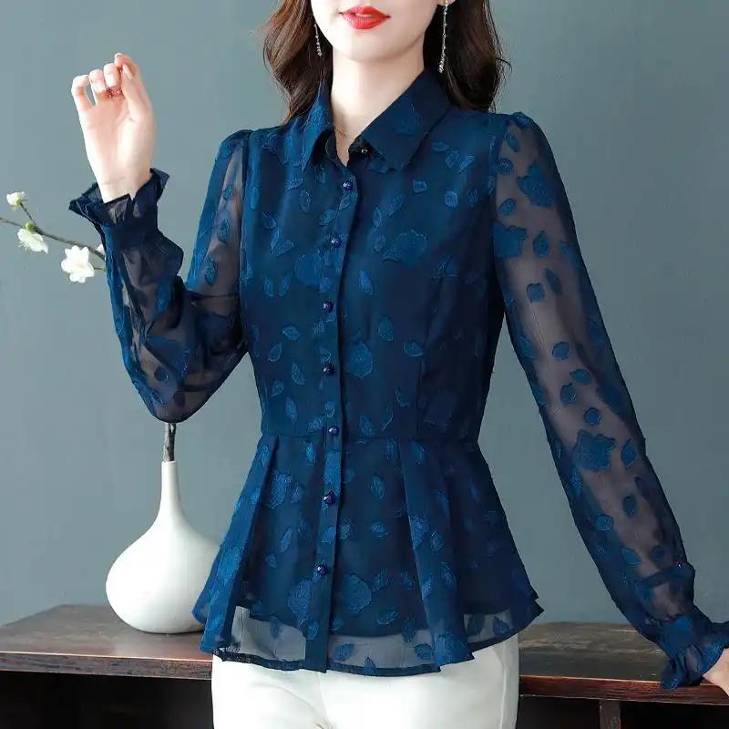 Jarní šifonová košile Dámská s dlouhým rukávem Temperamentní Pas Dámská Malá Vysoce kvalitní Zahraniční styl Střední věk Horní oblečení