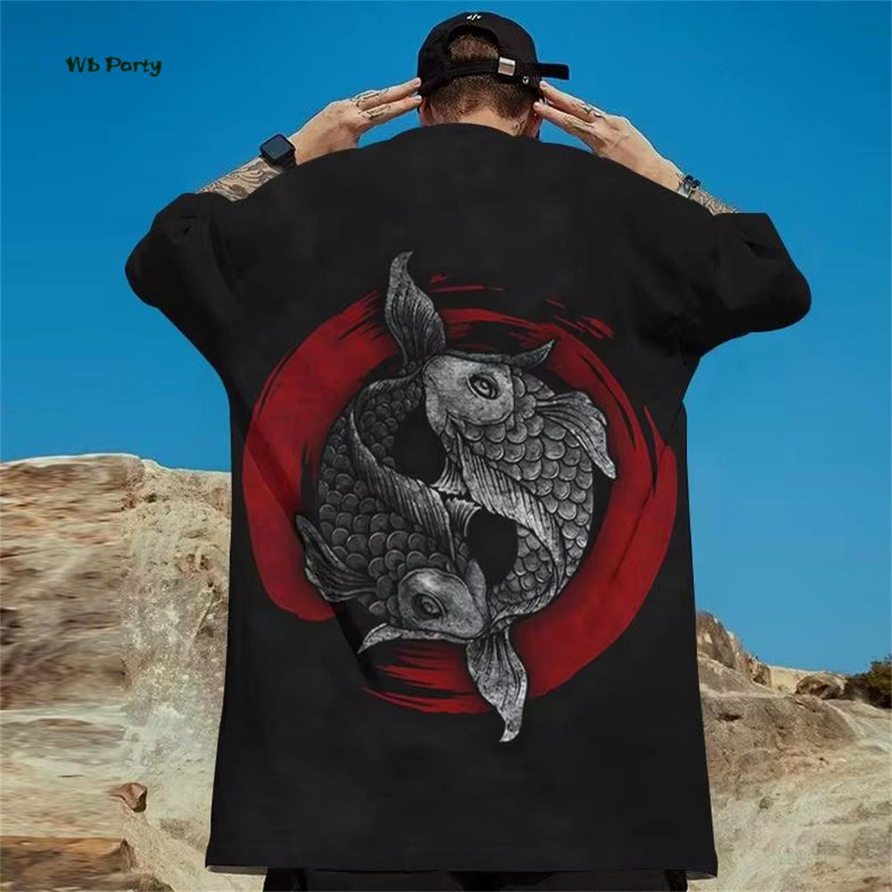 Japanese Ukiyo-E Men's T-Shirt Yin Yang Fish Printed Short Sleeve T-Shirt Oversized Casual Tops Summer Fashion Outdoor Clothing