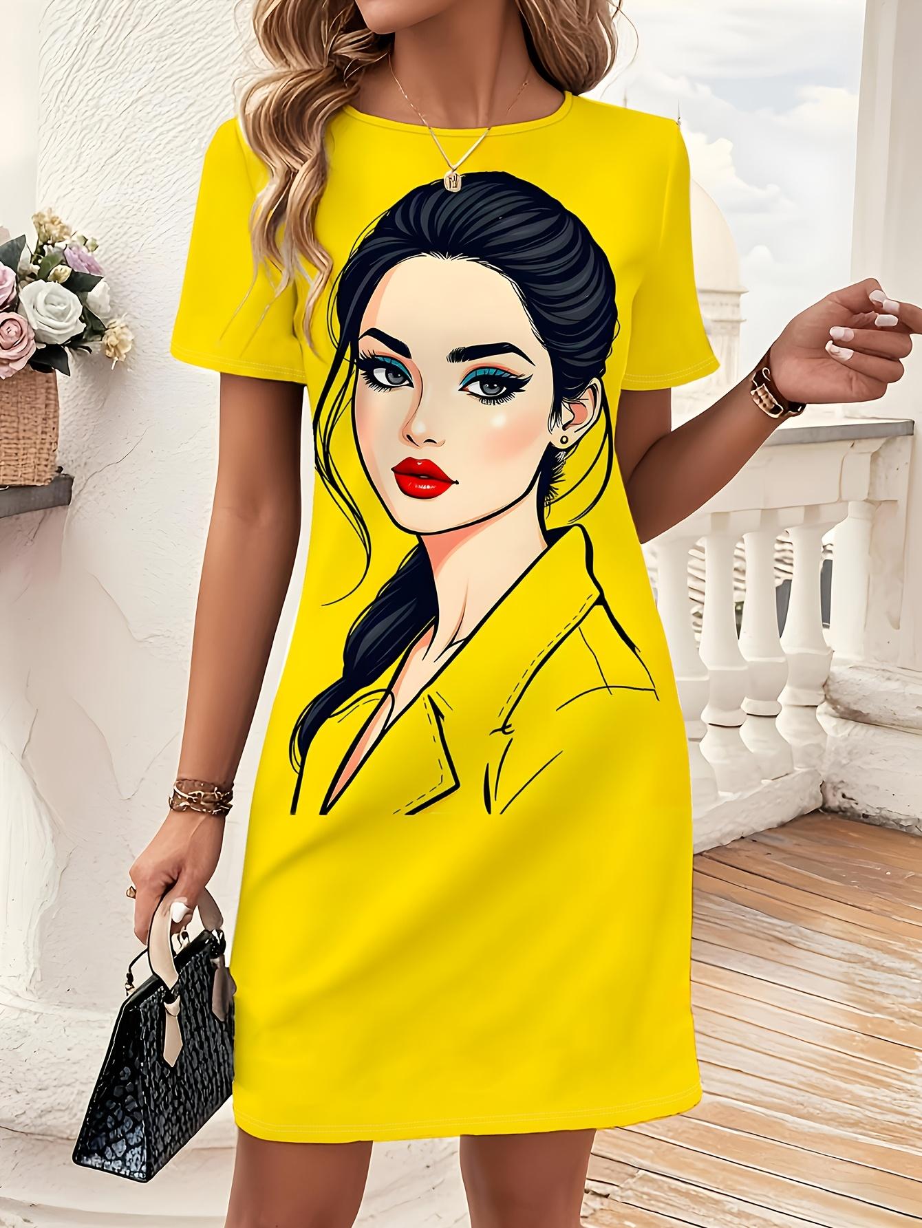 

New Summer Women s Midi T-Shirt Dress. Eye-Catching Bright Yellow Art Portrait Print. Loose ; Flattering Crew Neck Short Sleeve. Ideal for Commute. Ca 9XL дубильна кора