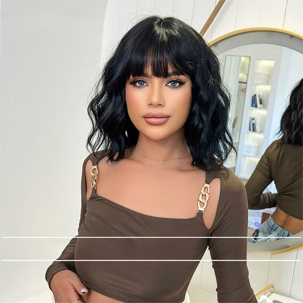 European and American Style Women's Short Curly Bobo Wig with Blunt Bangs Lades Summer Fashion Front Lace Heat Resistant Synthetic Fiber Wigs