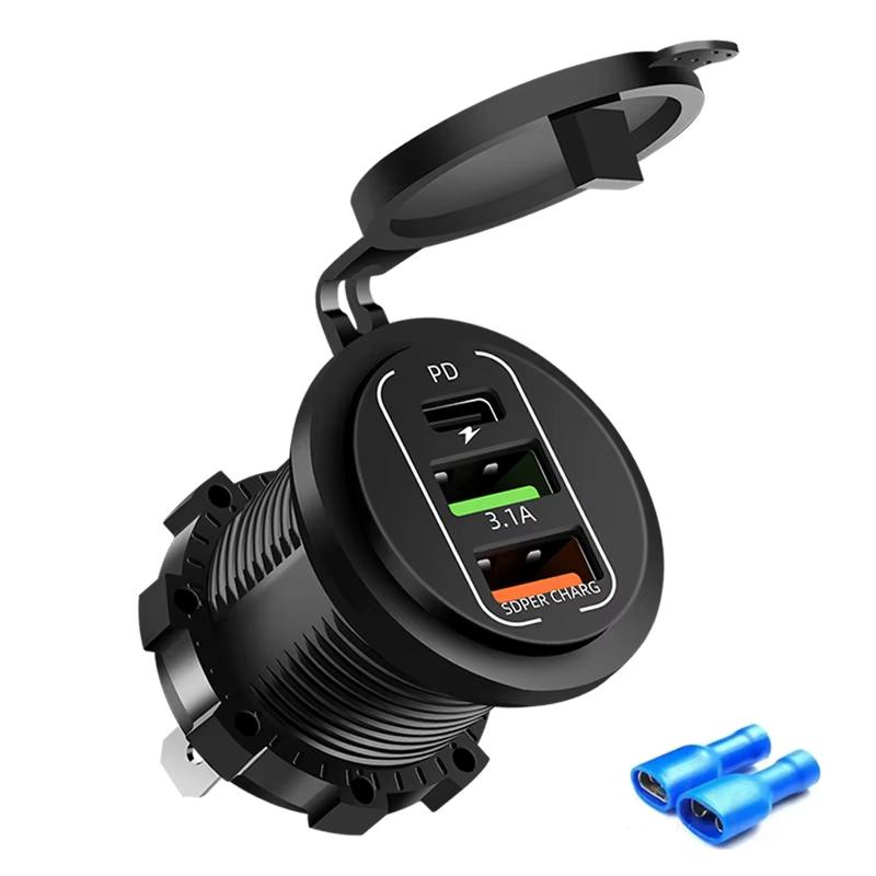 Universal 12-24V Motorcycle Car Charger Dual USB TYPE-C Charger Waterproof Power Socket Cigarette Light for Auto Truck ATV Boat