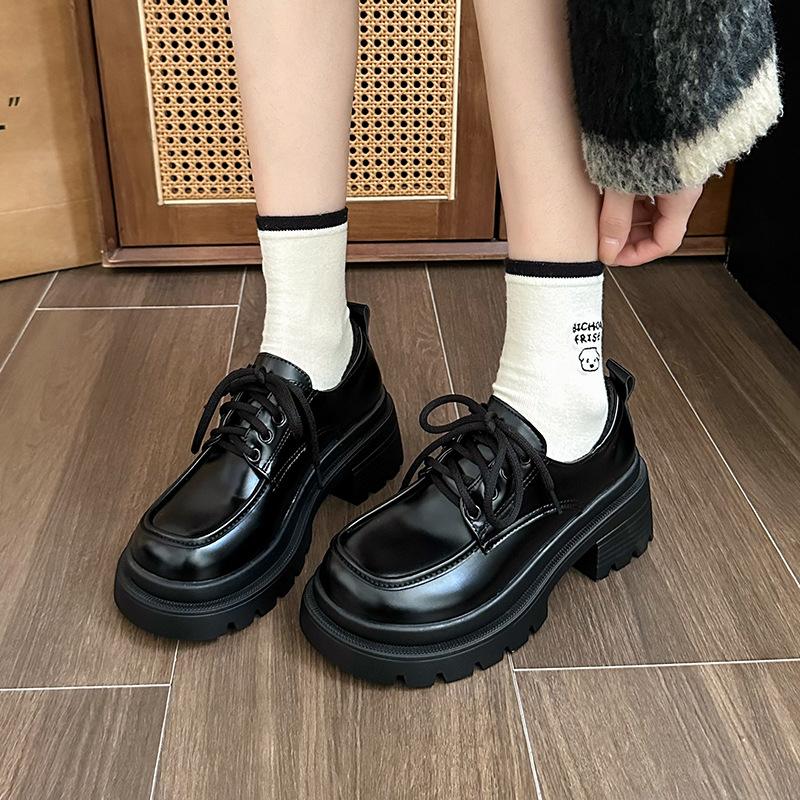 Retro British Style Black Small Leather Shoes Women's Autumn New Velvet Thick-soled Heightening Small Loafers