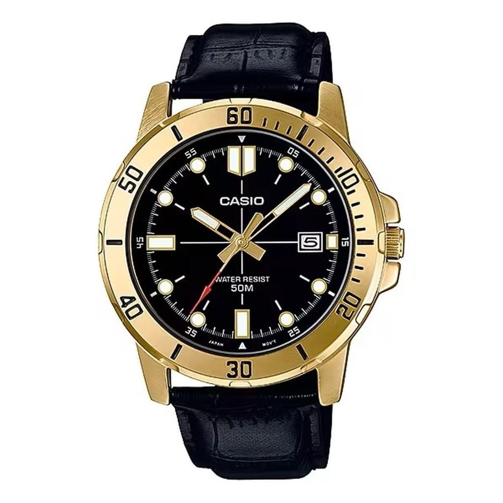 Casio Enticar Gold Tone Leather Band Black Dial Casual Analog Sporty Watch MTP-VD01GL-1EV Men's