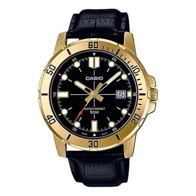 Enticar Gold Tone Leather Band Black Dial Casual Analog Sporty Watch MTP-VD01GL-1EV Men's