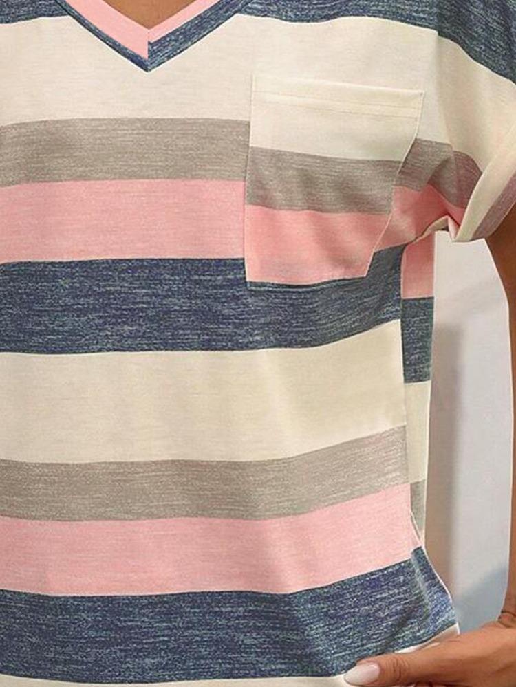 Women Cross Border Fashion T Shirt European American Striped V Neck Bat Sleeve New Spring Summer Collection