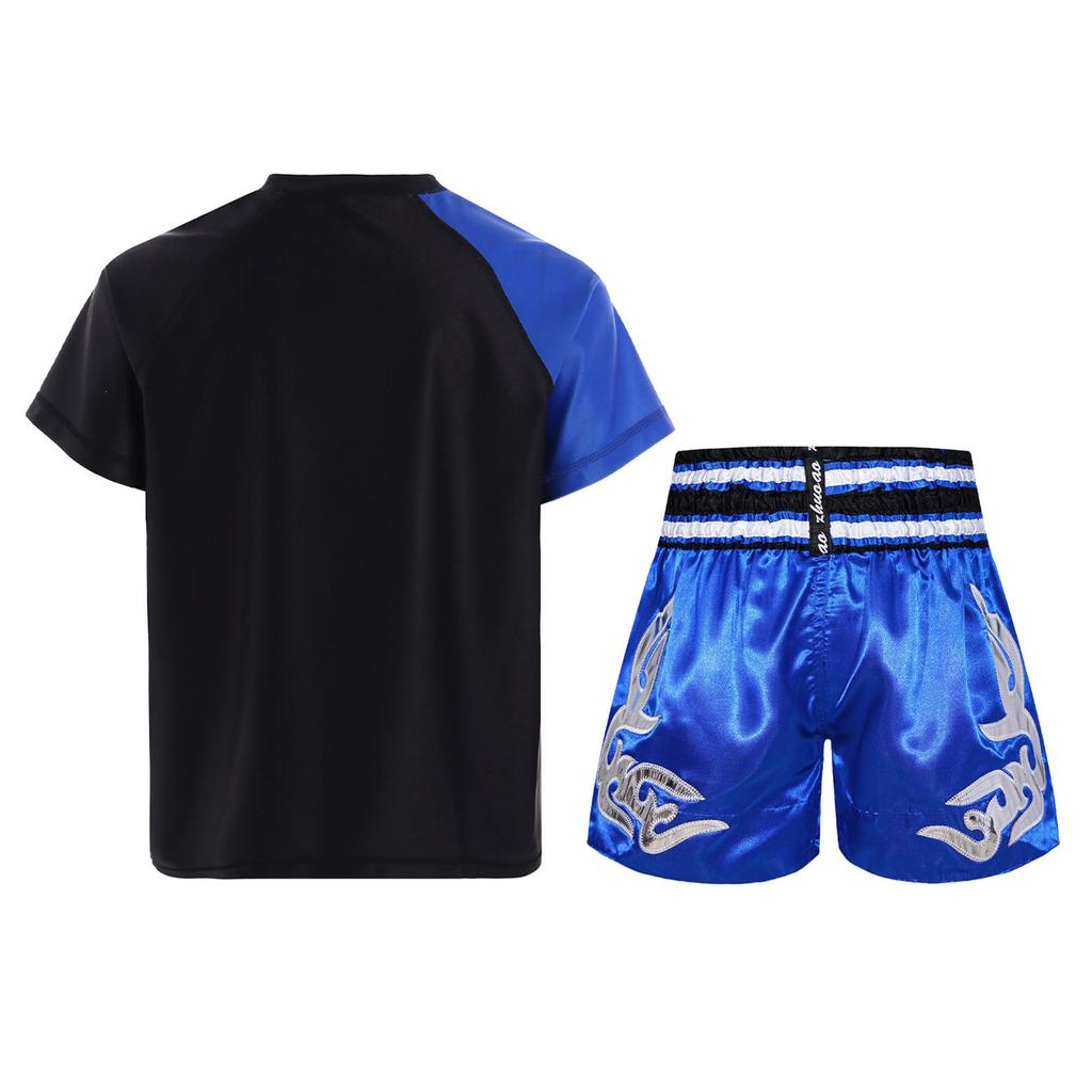 Dětský chlapecký boxerský tréninkový kostým, módní barevné bloky, patchworkové tričko s kulatým výstřihem, krátkým rukávem, atletický top s boxerskými kraťasy