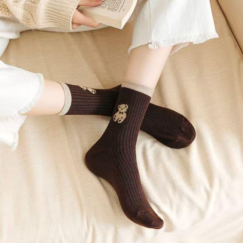 10Pairs Stripe Cute Bear Socks Cartoon Mid-Calf Socks Ins Tube Socks Women Women