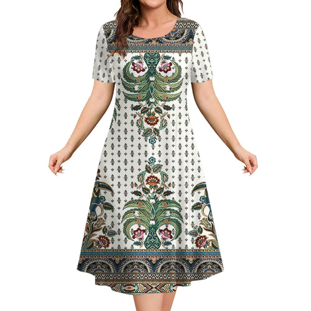 Ethnic Style Women's A-line Skirt Summer Fashion Casual Dress Flower Clothes Ladies Loose Casual Round Neck Dress
