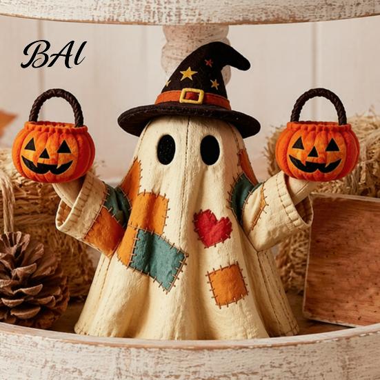 Halloween Tabletop Ornaments Lighted Vintage Patchwork Ghost, LED Light Up Ghost with Pumpkin Lantern, Spooky Indoor Party Supplies Cute Decor