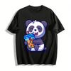 Cute Panda Holding Bubble Tea Cartoon Print Casual T-shirt Pure Cotton T-shirt