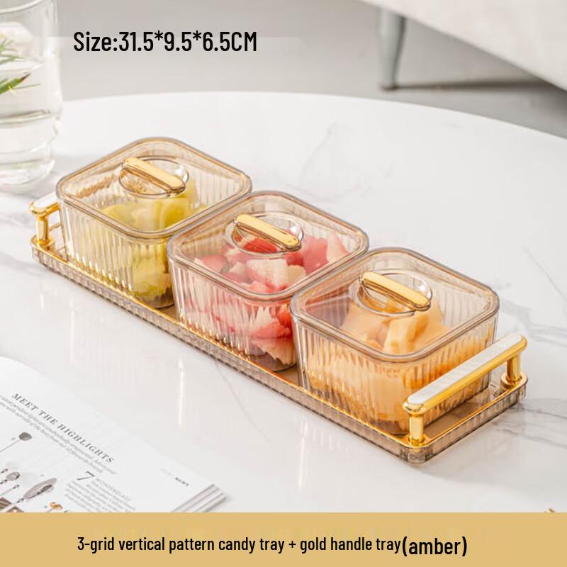 MY Light Luxury Transparent Divided Snack & Fruit Tray with Lid 3 Compartments with Lid