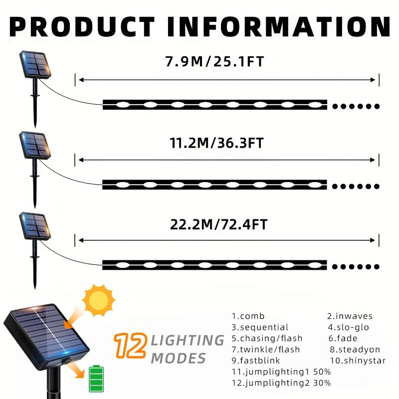 Solar Powered LED Tube String Lights, Waterproof Outdoor Decorative Lighting for Garden, Yard, Tree, Fence, Patio, Holiday Party