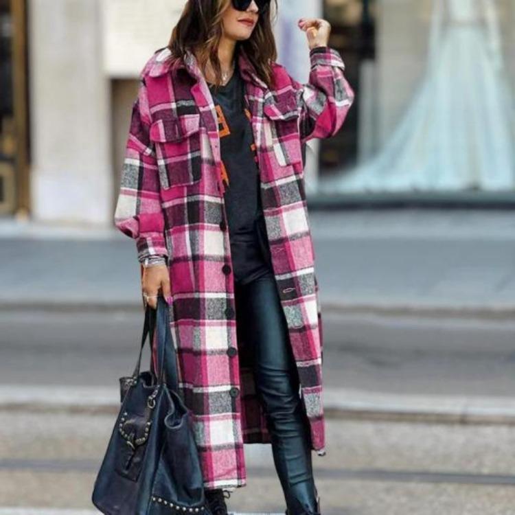 Giacca Calda Spessa a Quadri da Donna Larga Manica Lunga Lunghezza Media Cappotto Collo Abbinamento Colore Monopetto Tasche Streetwear Pendolarismo