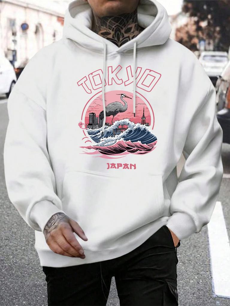 Tokio Japonia Harajuku Nadruk Żurawie Fale Męska Bluza z Kapturem Pasująca do Wszystkiego Polarowe Bluzy z Kapturem Kieszeń Męska Odzież Sportowa Swobodny Luźny Pulower