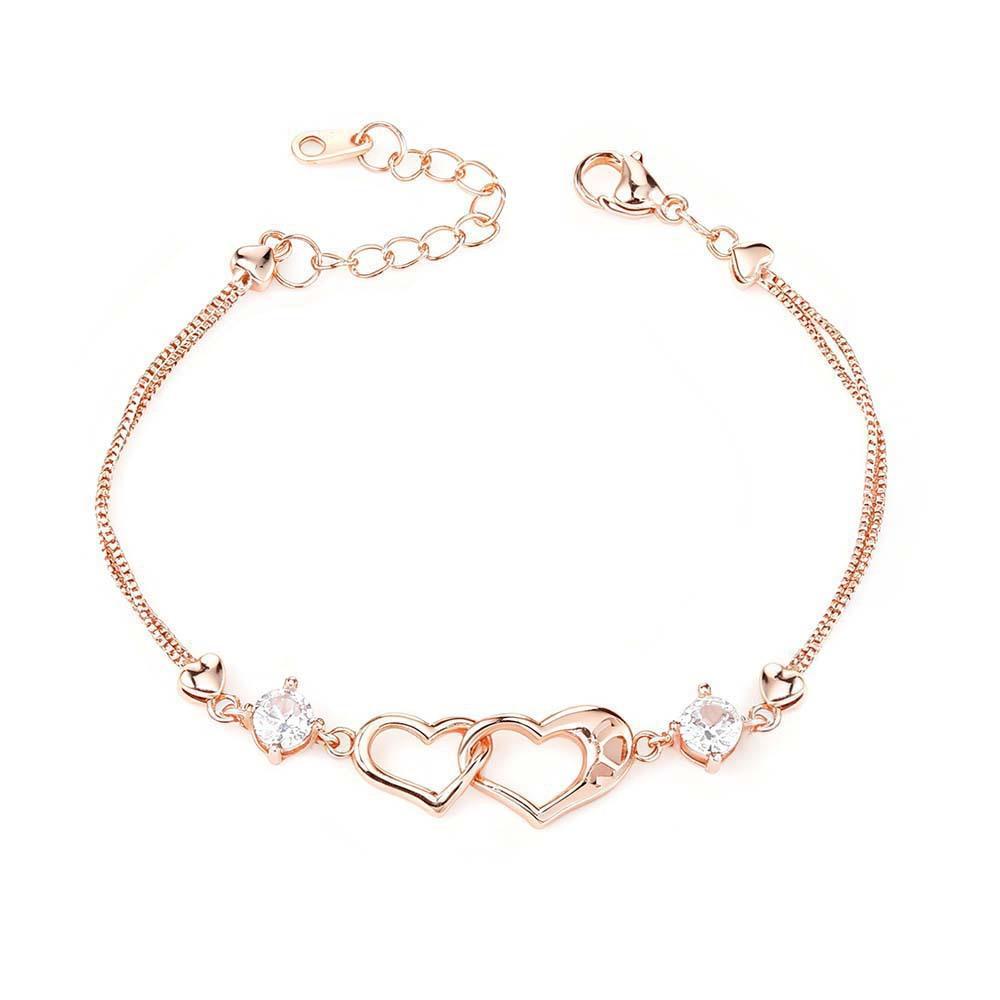 Women Fashion Gold Plated Interlocking Double Heart Zircon Bracelet Thin Double Chain Love Friendship Bracelet Bulk