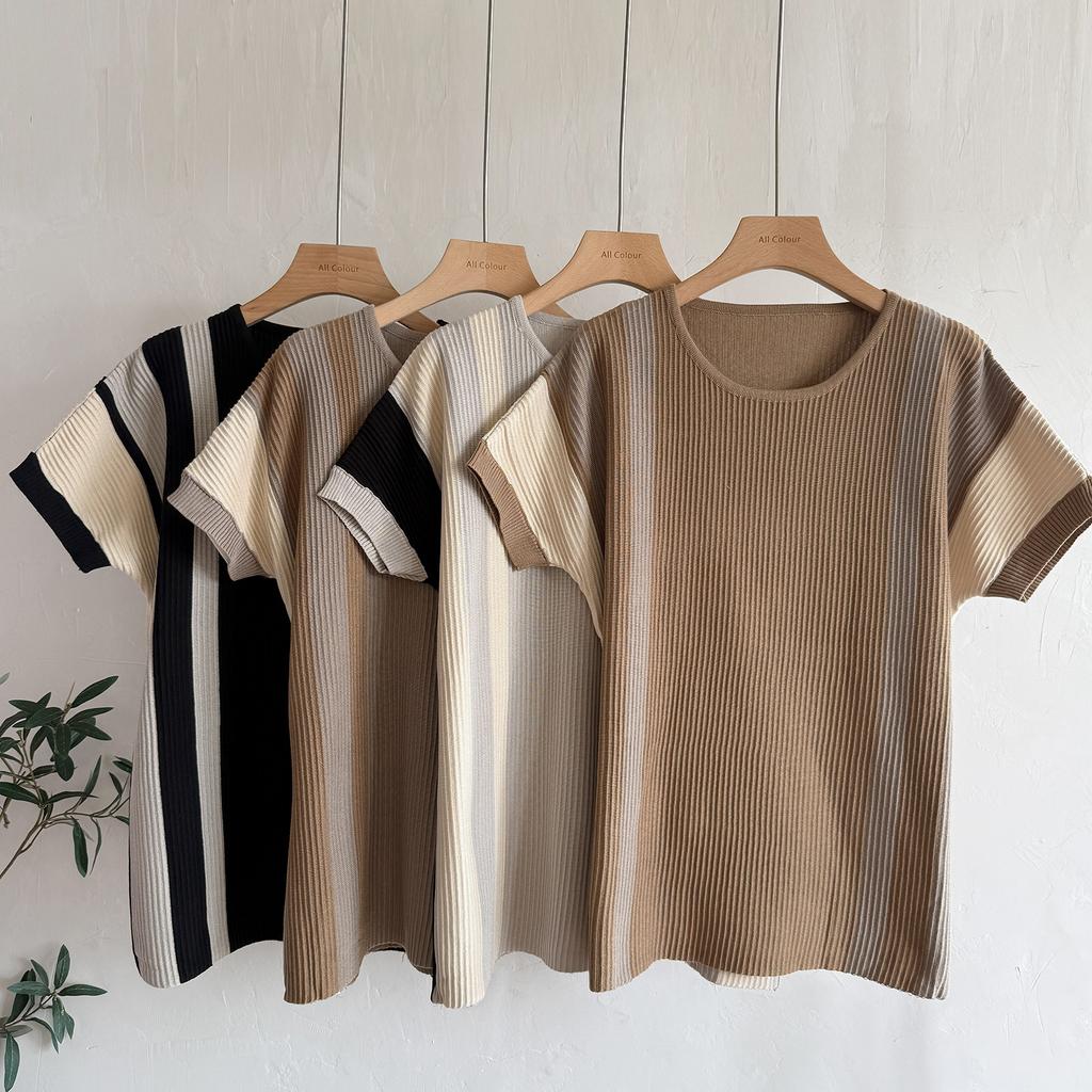 2025 New Pleated Color Matching Loose Fashion Casual T-shirt Long Wide Leg Pants Knitted Suit