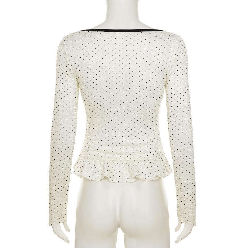 2025 Spring French Style Polka Dot Ruffle Trim Tie-Up Slim Fit Top for Women