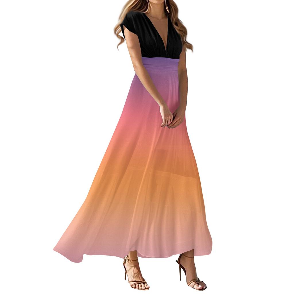 Damen Sommer Casual Mode Gradient Bedruckte Kleider V-Ausschnitt Kurzarmkleider