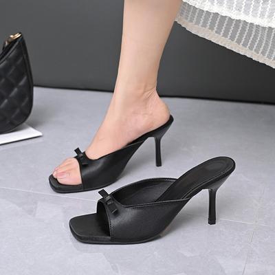 Bowtie High Heels Sandals for Women 2025 Thin Heeled Summer Outdoor Slippers Woman Plus Size 42 Black WHite Square Toe Slides