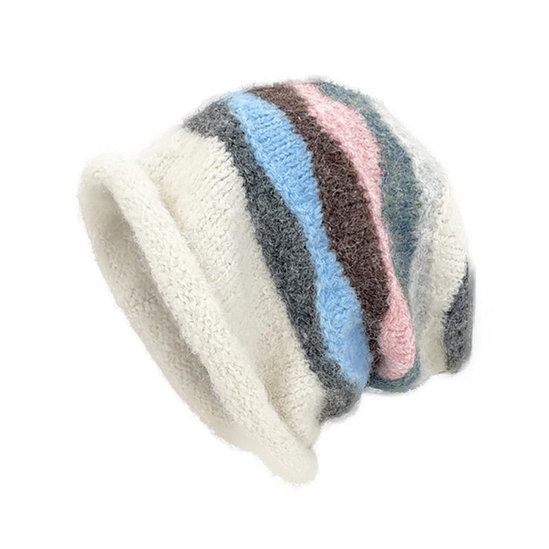 Korean Contrasting Striped Wool Hat for Women In Autumn and Winter New Warm Ear Protection Pile Hat Cold Hat Showing Face Small Knit Hat