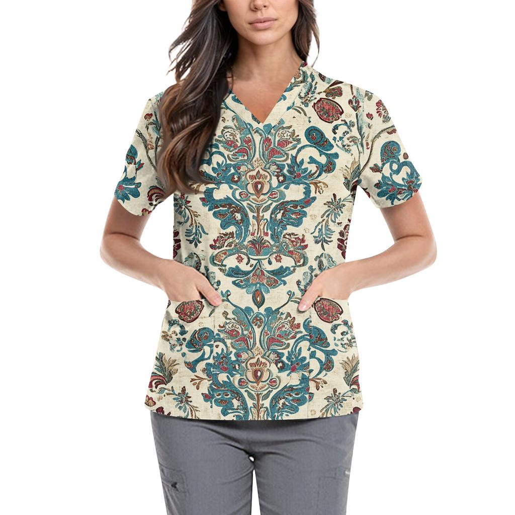Womens Scrubs V Neck Floral Print Top Short Sleeve Uniforms & Scrubs Nurse Uniform Women Scrub Tops for Women UK