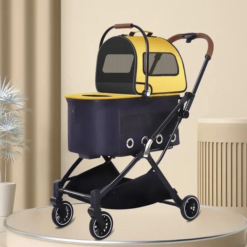 2026double-layer pet cart for outdoor play detachable automatic folding cat dog cart Pet Strollers