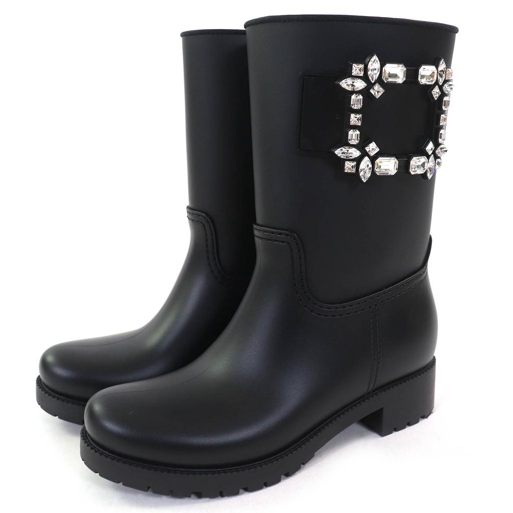 Tolle ROGER VIVIER kurze Stiefel Tempet Viv Strassbacks Gummi-Regenstiefel schwarz Damen 37 Gebraucht