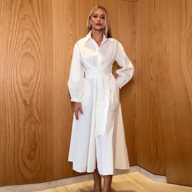Women's Shirt Dress Turndown Collar Long Sleeve Waist Cinching Casual Temperamen Dress Commute Solid Color Slim Long Shirt 2025 Summer