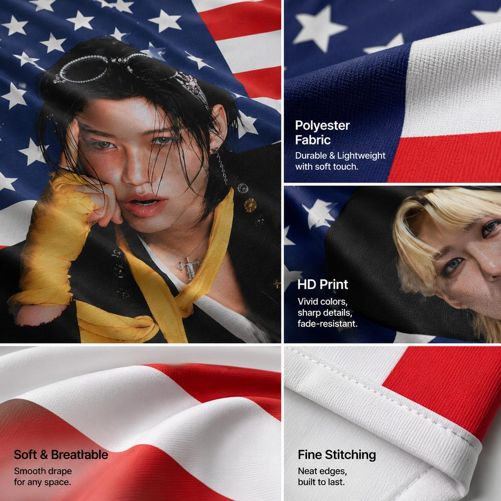 K-Pop Boy Idol Portrait Tapestry American Flag Background Flat Print Wall Hanging For Music Fans Bedroom Dorm Decor