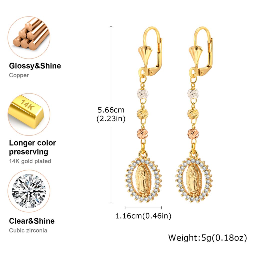 Vintage Religious Virgin Mary Drop Earrings for Women, 14k Gold Plated Zircon Long Dangle Earrings,Hypoallergenic Prayer Jewelry