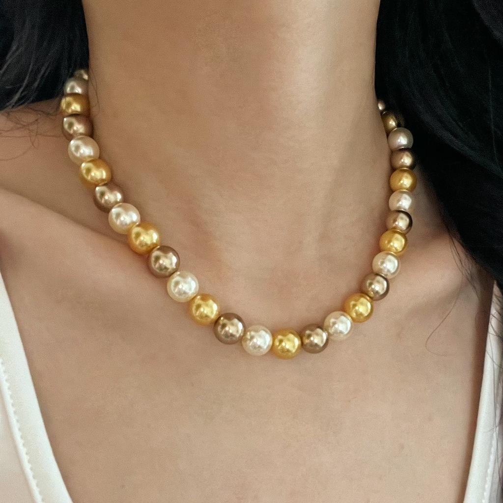 10Mm National Style Retro Maillard Color Strong Light Round Mixed Color Shijia Pearl Necklace Women'S Neck Chain Collarbone Chain Commuting