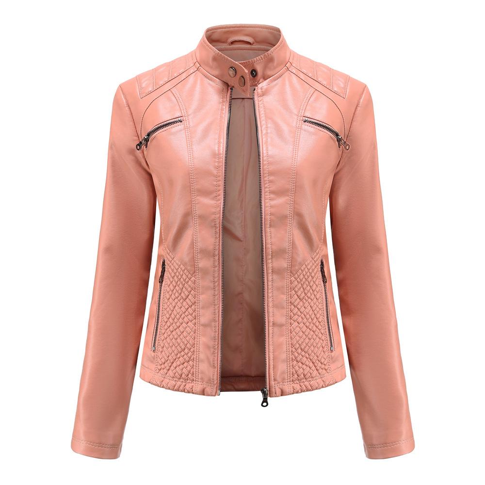

Women s Slim Fit Casual Leather Jacket with Stand Collar - Solid Color Spring/Autumn Outerwear XXXL рожевий