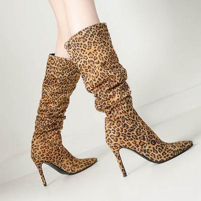 Buty jesienno-zimowe Flock Super wysokie obcasy Wzory panterki Buty jeździeckie Utrzymuj ciepło Modne buty do kolan