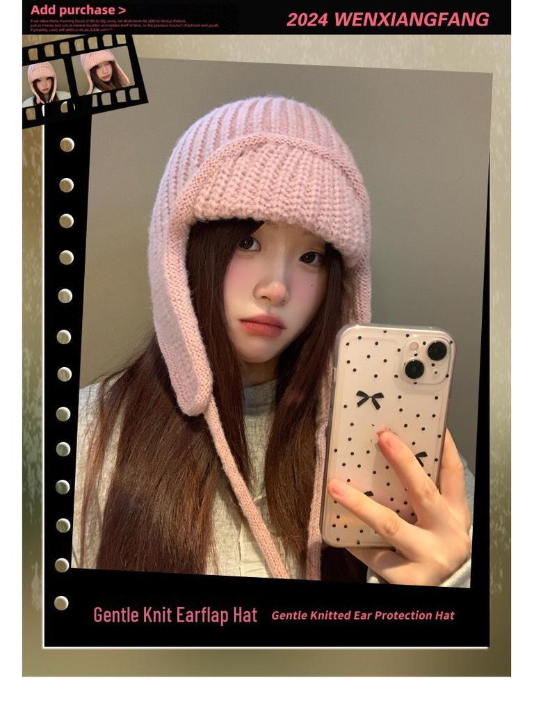 Korean-Style Photogenic Pink Knitted Wool Hat: Women's Warm, Ear-Protecting, Versatile Ski Hat for Autumn/Winter