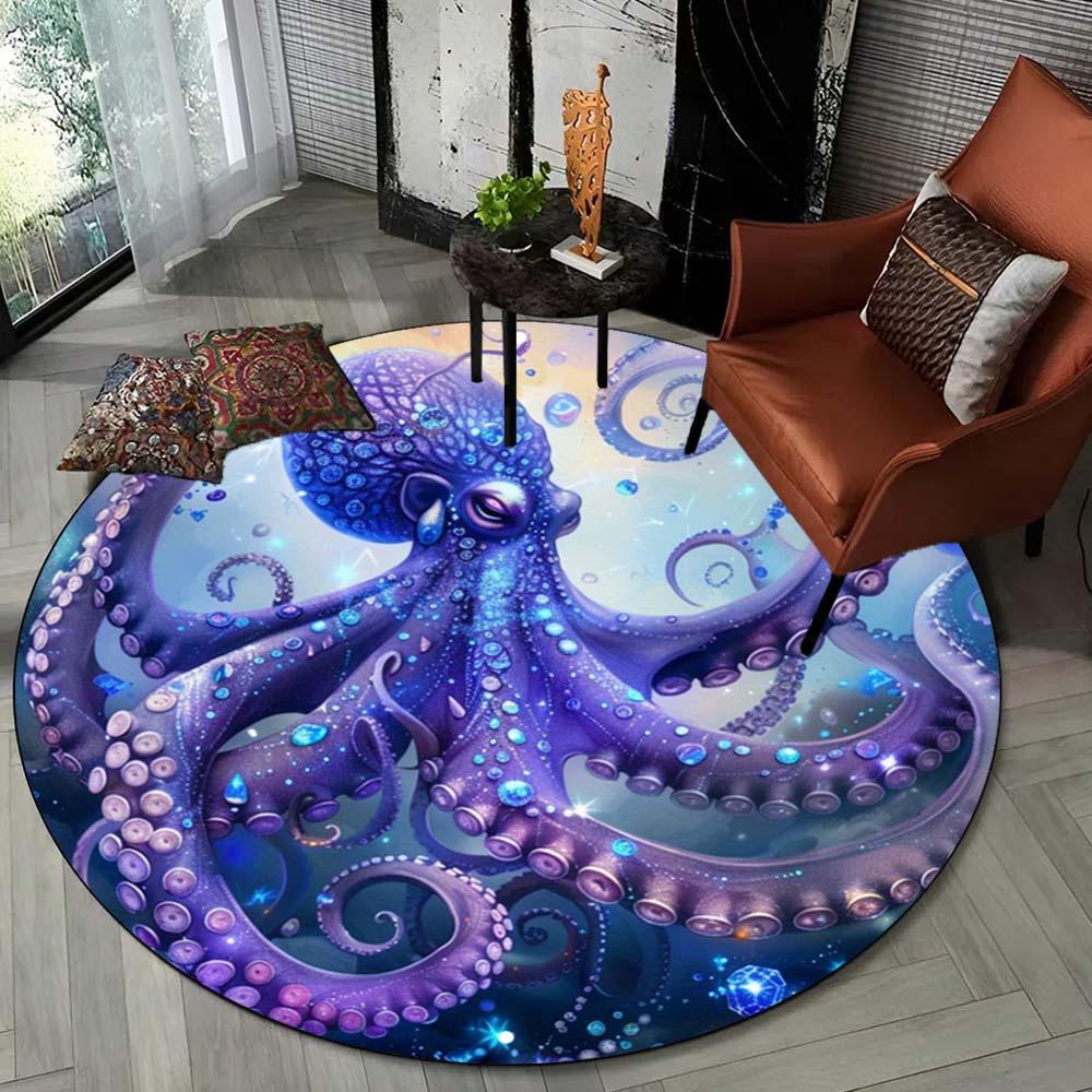 Crystal velvet round rug purple octopus underwater sea creature design living room bedroom decor ocean themedanti slip floor mat