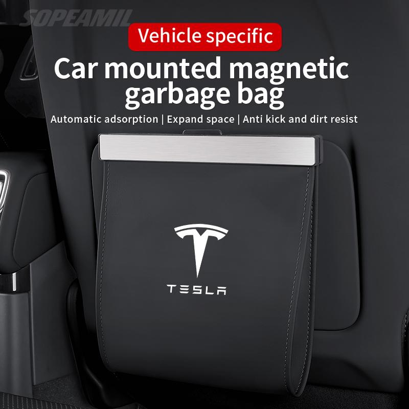 ACR3 Car Garbage Bag Led Light Magnetic Adsorption Seat Back Hanging Storage Bag Trash Can For Tesla Model 3 Model Y Model S Model X