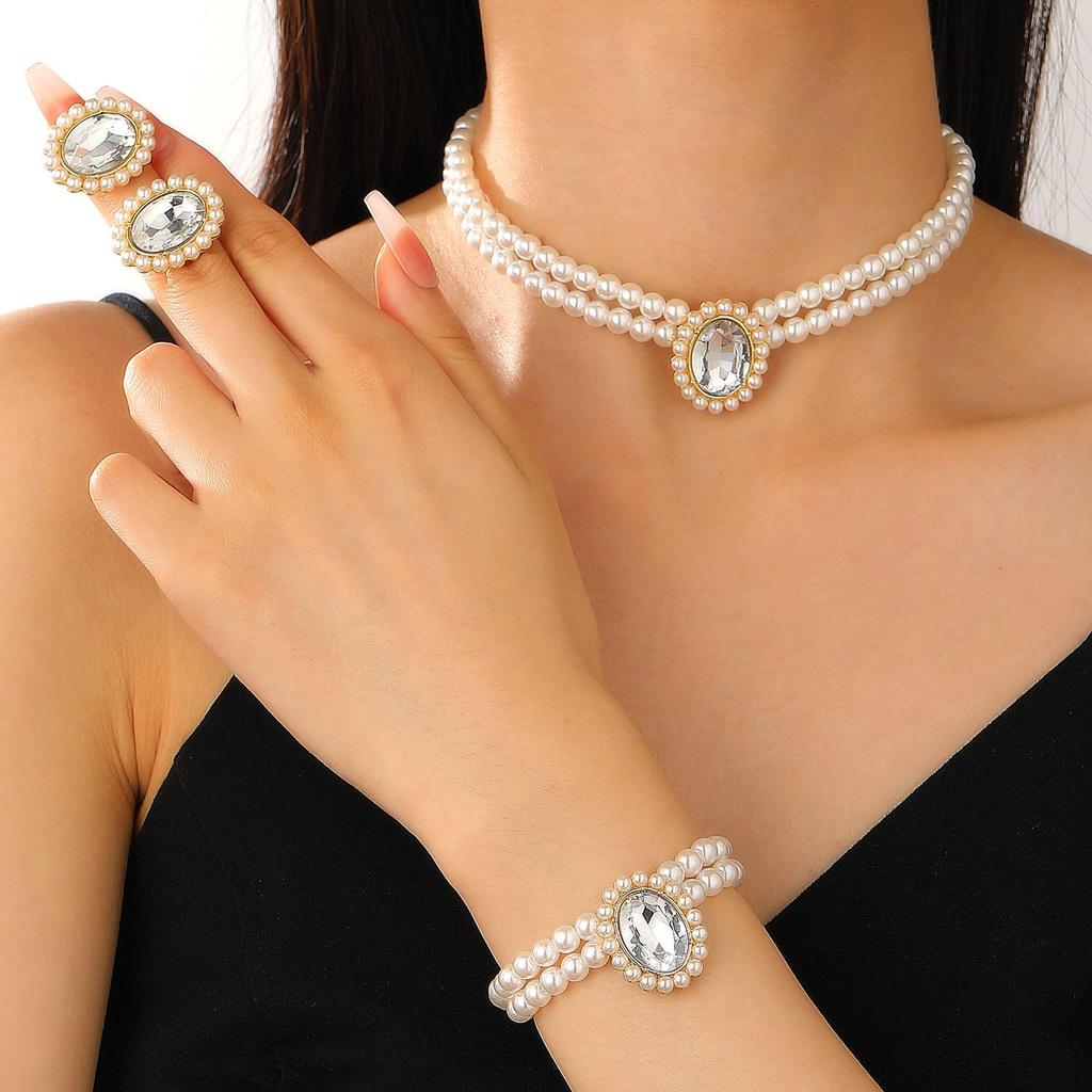 Women's High-End European & American Jewelry Set: Double-Layer Pearl Choker, Clavicle Necklace, Bracelet & Earrings