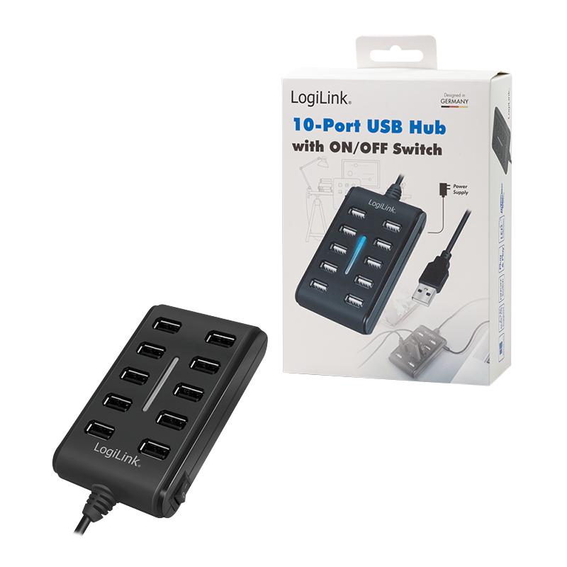 USB 2.0 Hub, 10 ports, with on/off switch, 480 Mbit/s - LogiLink