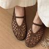 Sheepskin Version~ Hollow-out Handwoven Sandals Women's One-word with Round Head Flat-soled Single Shoes Genuine Leather Shallow Mouth Mary Jane Shoes