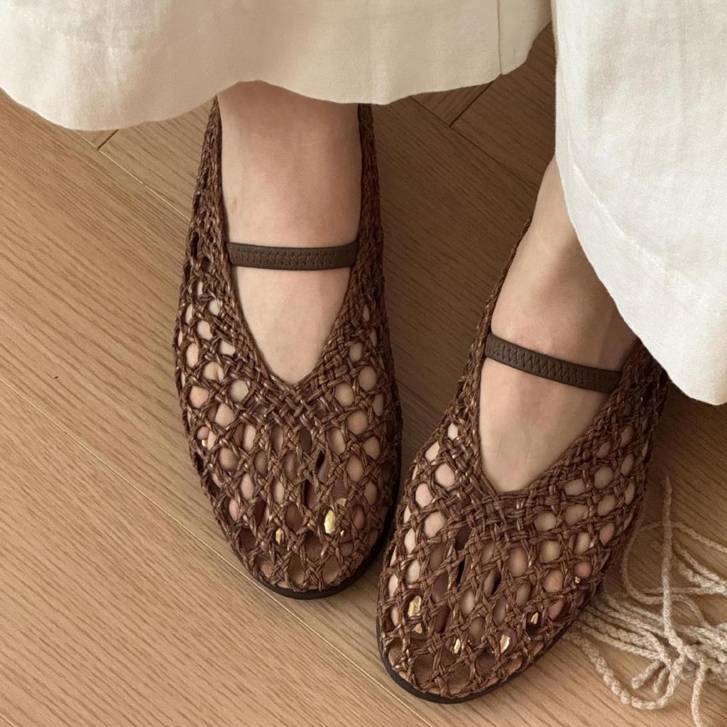 Sheepskin version~ Hollow-out handwoven sandals women's one-word with round head flat-soled single shoes genuine leather shallow mouth Mary Jane shoes