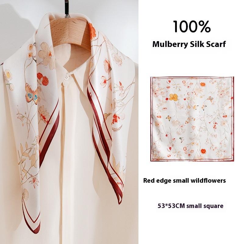 53X53Cm Neck Protection Small Scarf  Fresh Spring And Summer Printing 100% Mulberry Silk Small  Square Scarf Thin