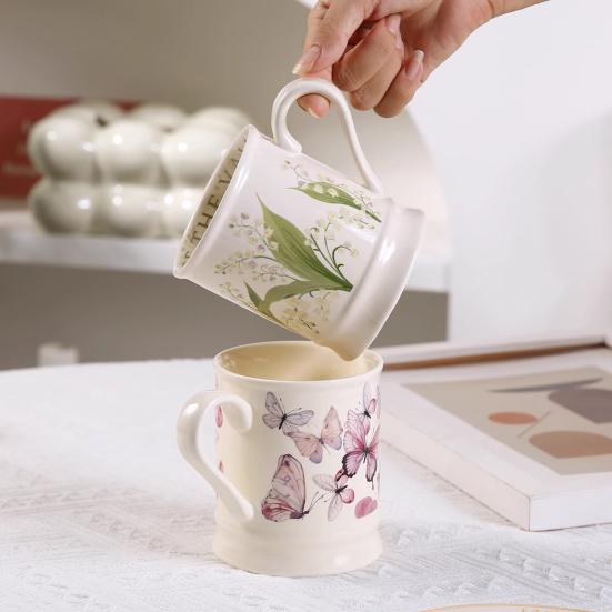 380ML Ceramic Coffee Mug Retro Vintage Floral Drinking Mugs Hand-Painted Floral Butterfly Pattern Tea Cup with Handle Gift for Women Girls