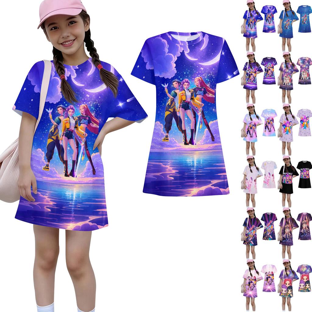 Girls Print Casual Dress Kids Loose Round Neck Short Sleeve Thin Sundress