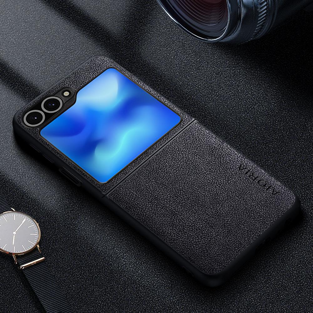 

Премиальный кожаный чехол для телефона Samsung Galaxy Z Flip 6 в стиле ретро, деловой стиль, однотонный чехол For Galaxy Z Flip6 чёрный