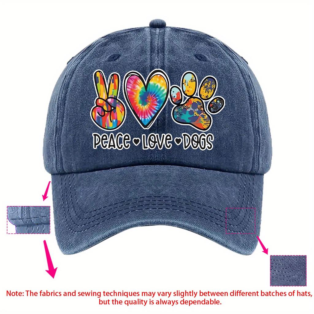 Peace Love Dogs Tie Dye Print Baseball Cap Unisex Adjustable Cotton Casual Dog Lovers Hat