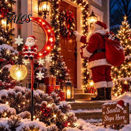 Outdoor Holiday Lighting Christmas Santa Moon Solar Stake Light, Claus Sitting on Half Lamp Decoration Light with Garden Stake, LED Decorative