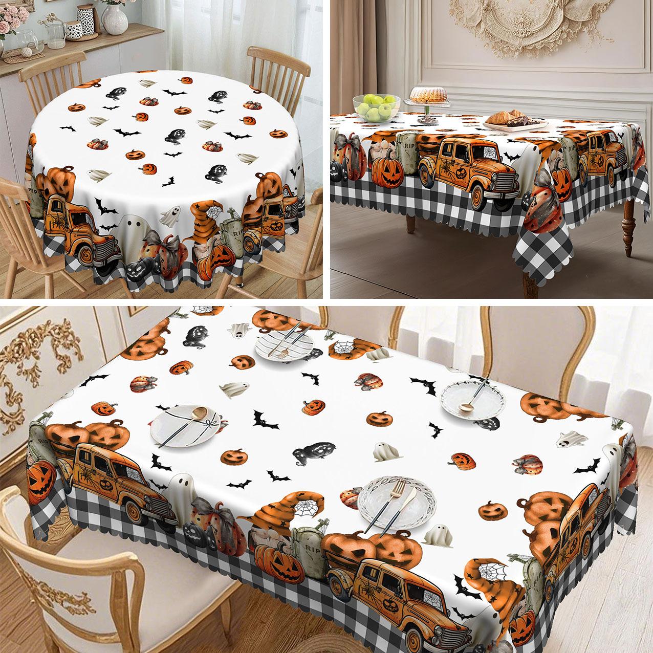 

1-Piece Halloween Tablecloth, Grimace Pumpkin And Ghost Design - Black And White Checked Edge, Polyester Fabric round tablecloth-152x152cm